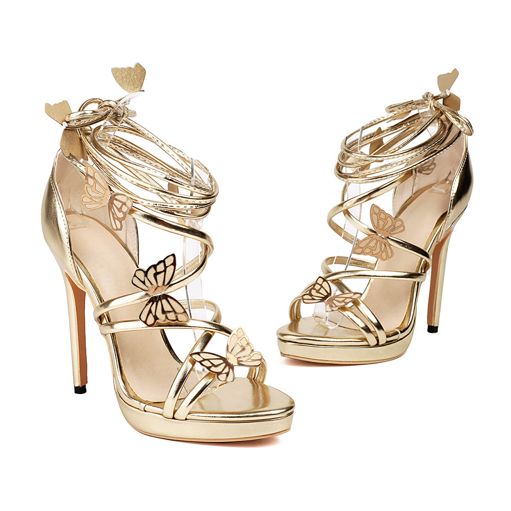 <tc>Gold Butterfly Strappy Stiletto Heels Party Sandals</tc>