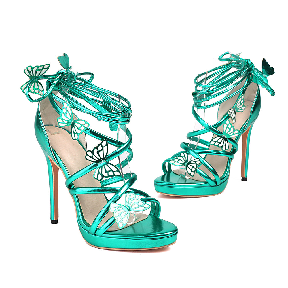 <tc>Green Butterfly Strappy Stiletto Heels Party Sandals</tc>