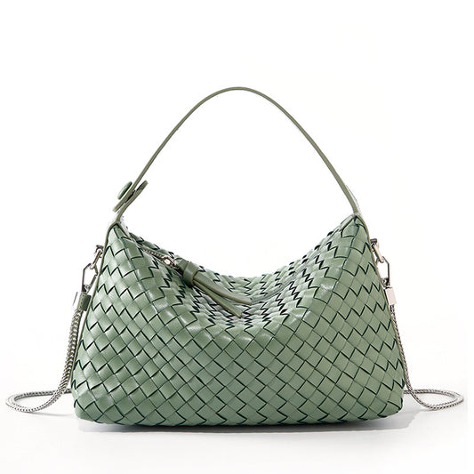 <tc>Green High Quality Cow Leather Woven Handbags Zipper Chain Shoulder Bags</tc>