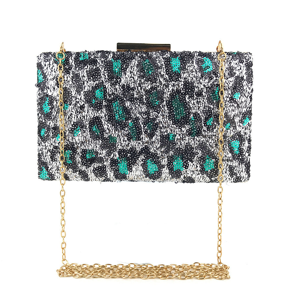 Green Leopard Print Sequence Beaded Clutch Evening Bag