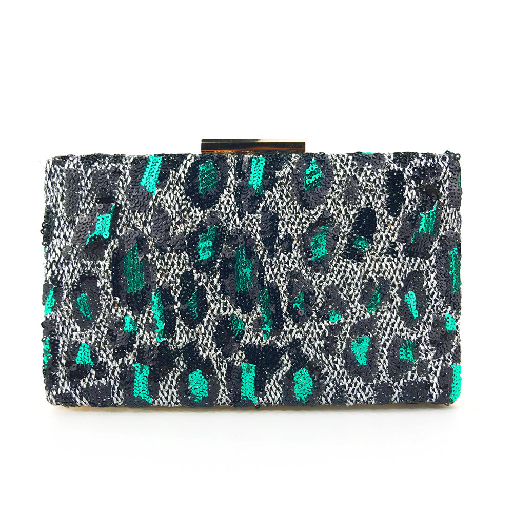 Green Leopard Print Sequence Beaded Clutch Evening Bag