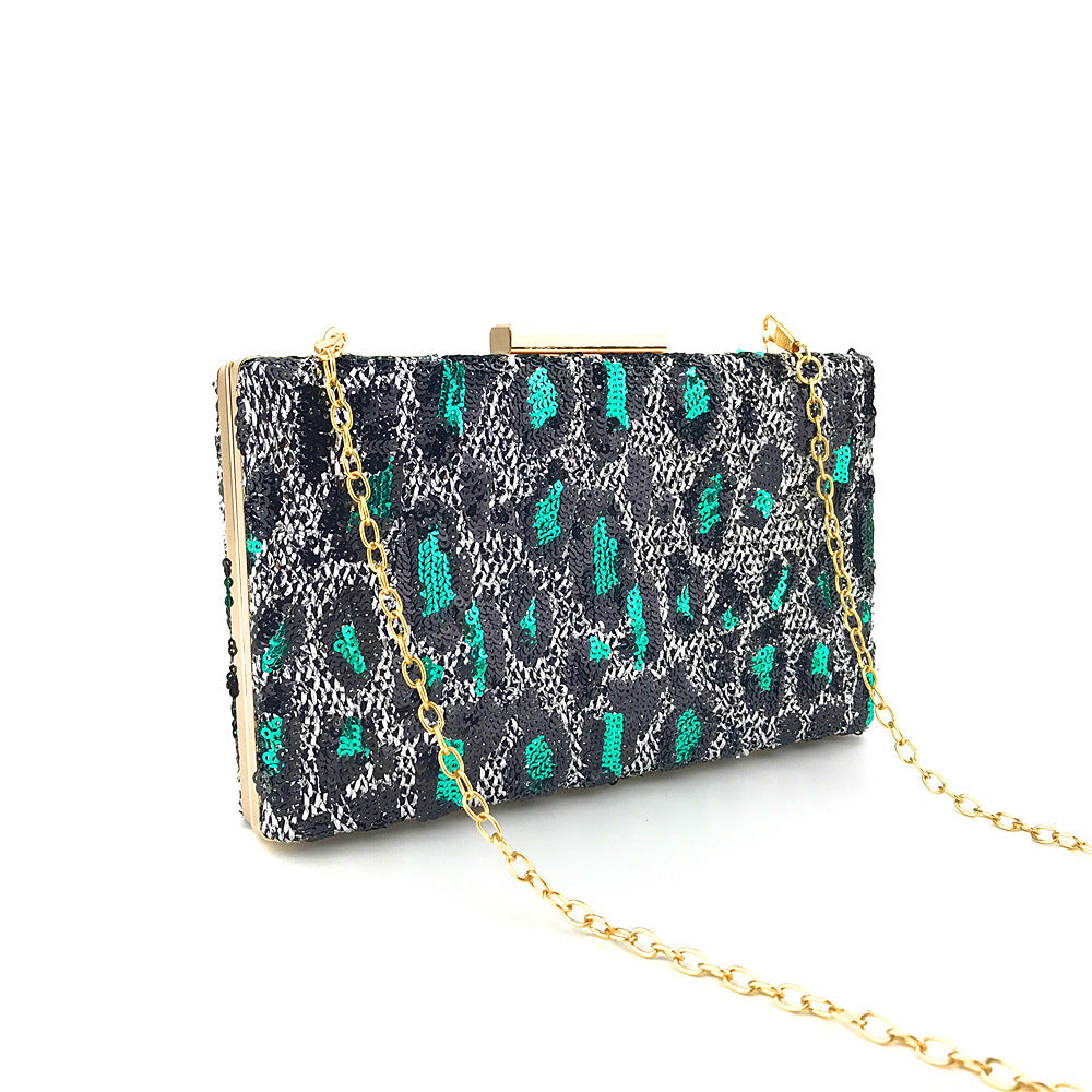 Green Leopard Print Sequence Beaded Clutch Evening Bag