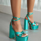 Green Metallic Python Print Platform Chunky Heel Sandals Strap Sandals