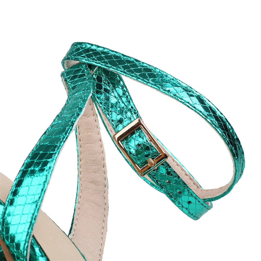 Green Metallic Python Print Platform Chunky Heel Sandals Strap Sandals