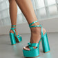 Green Metallic Python Print Platform Chunky Heel Sandals Strap Sandals