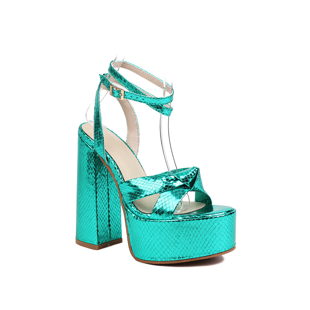 Green Metallic Python Print Platform Chunky Heel Sandals Strap Sandals