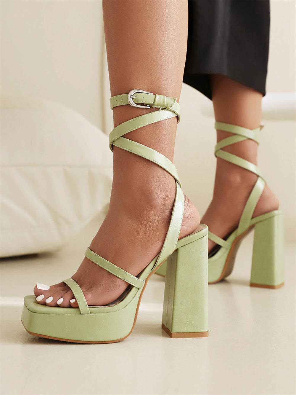 Green Open Toe Platform Heel Strap Sandals