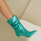 Green Python Pointed Toe Stiletto Heel Ankle Boots Rouch Booties