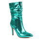 Green Python Pointed Toe Stiletto Heel Ankle Boots Rouch Booties