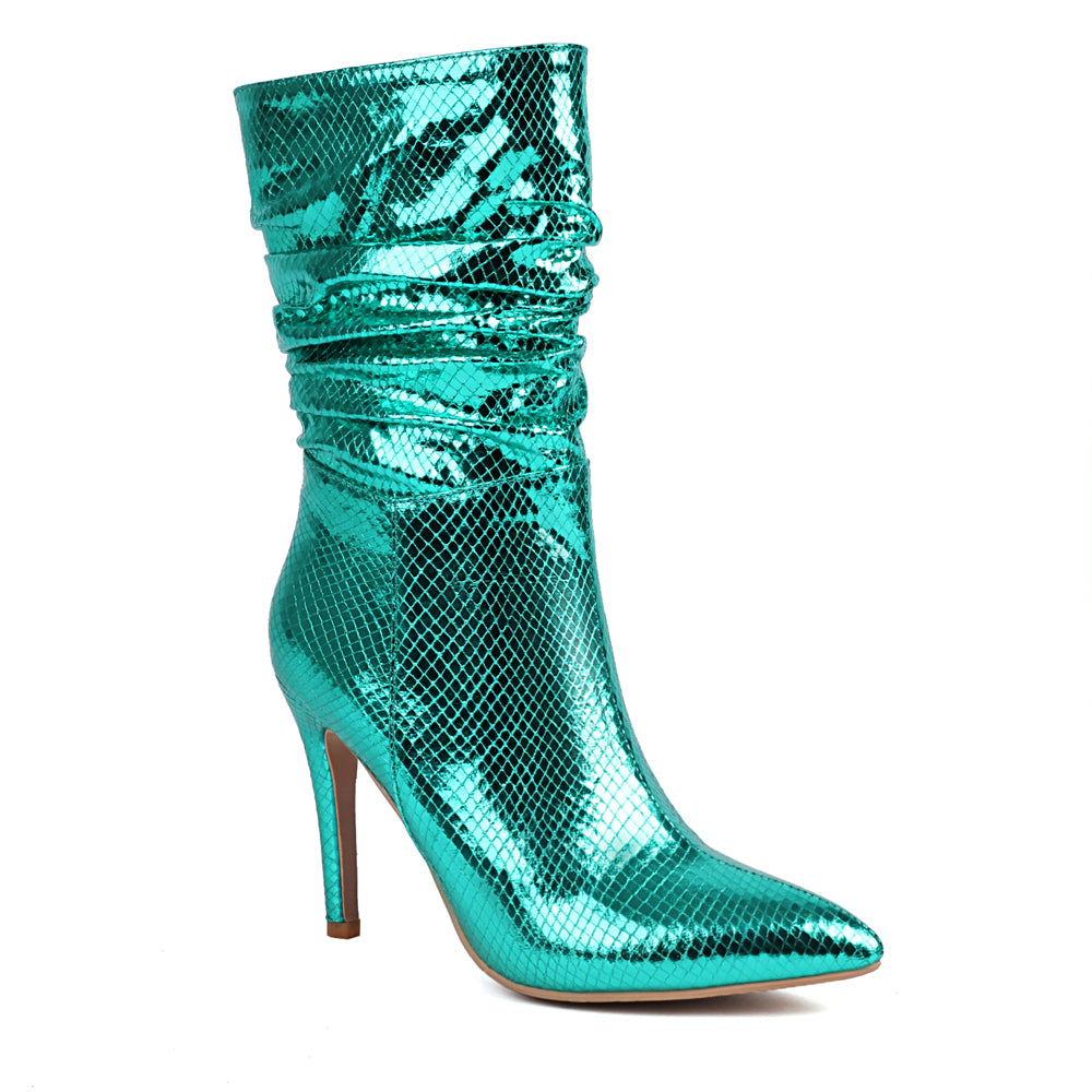 Green Python Pointed Toe Stiletto Heel Ankle Boots Rouch Booties