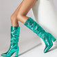 Green Python Almond Toe Chunky Heel Knee High Slouch Boots