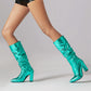 Green Python Almond Toe Chunky Heel Knee High Slouch Boots