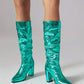 Green Python Almond Toe Chunky Heel Knee High Slouch Boots