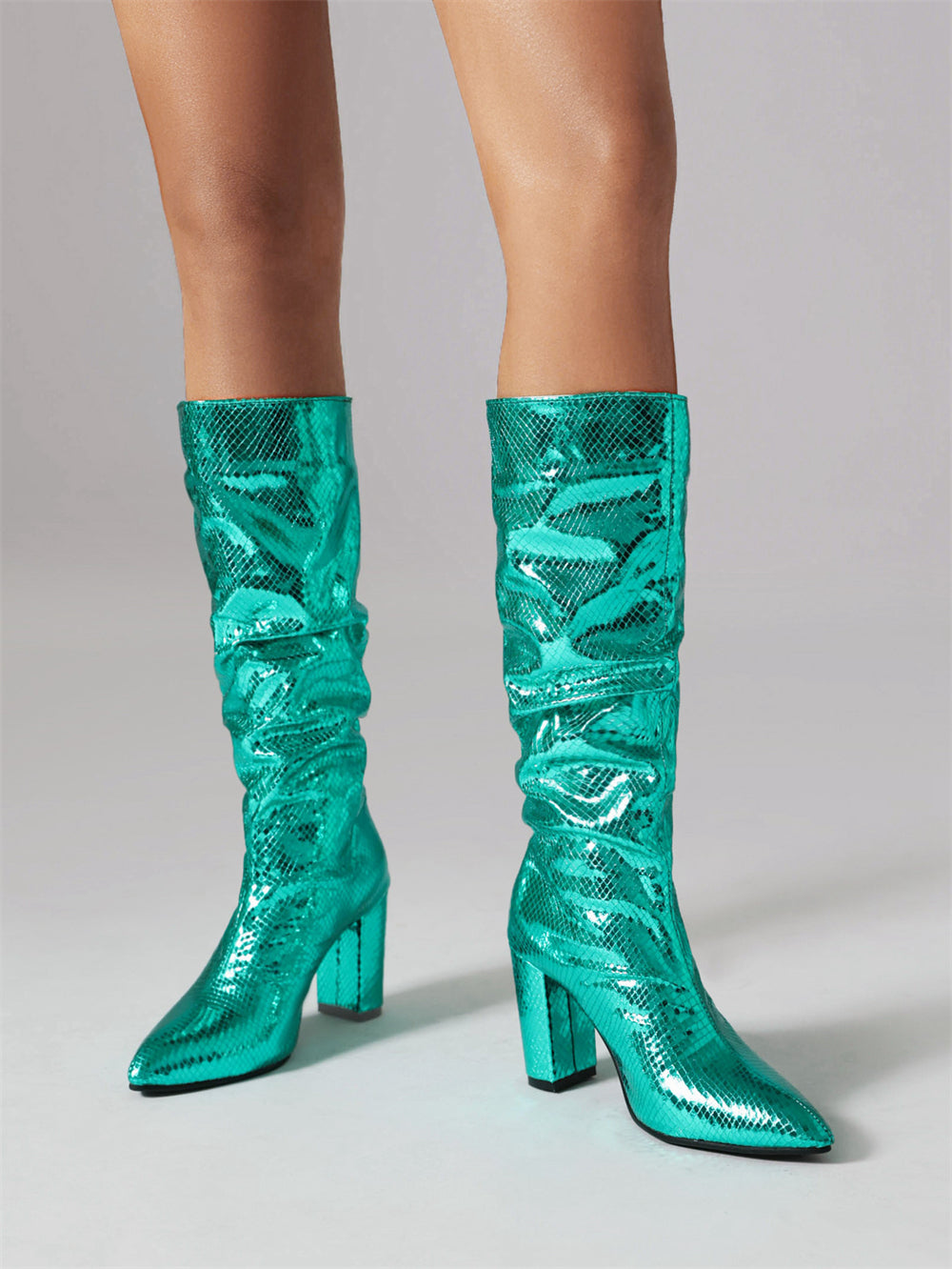 Green Python Almond Toe Chunky Heel Knee High Slouch Boots