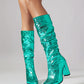 Green Python Almond Toe Chunky Heel Knee High Slouch Boots