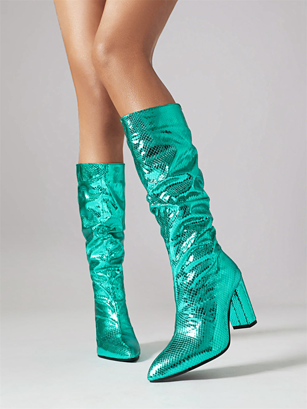 Green Python Almond Toe Chunky Heel Knee High Slouch Boots