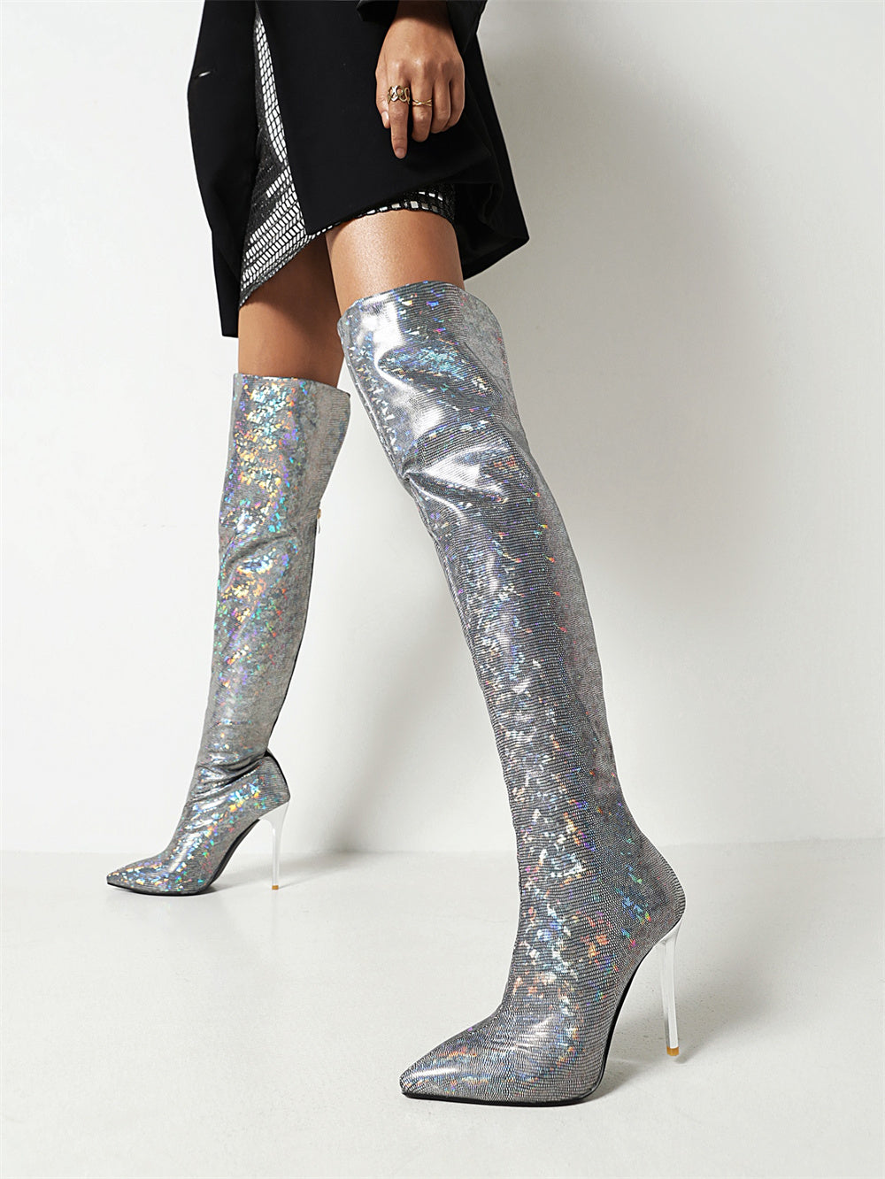 Gray Hologram Pointed Toe Stiletto Over Zani Boots