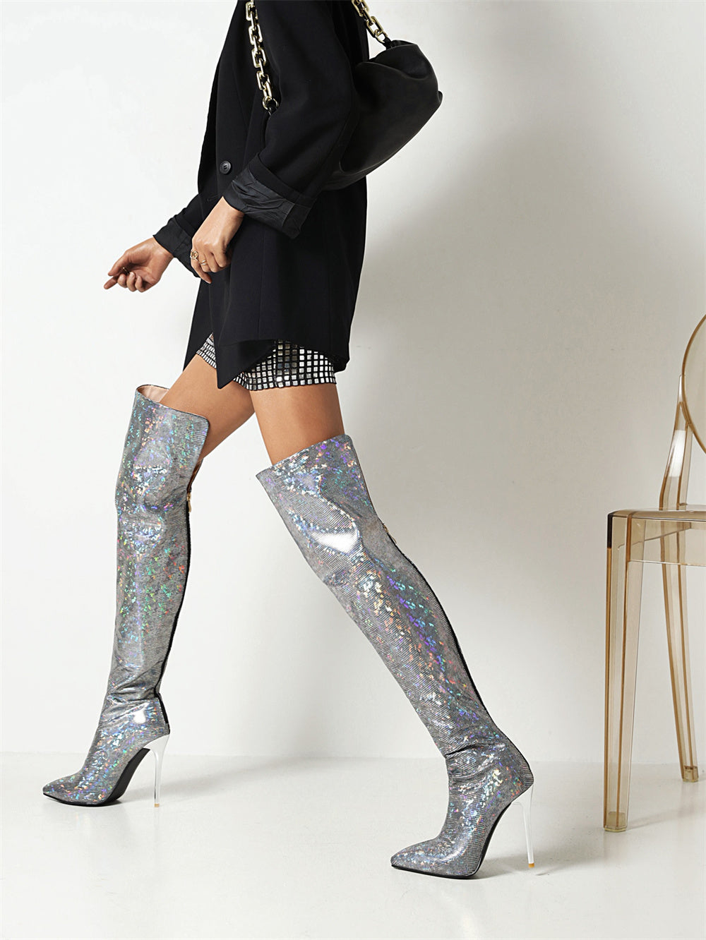 Gray Hologram Pointed Toe Stiletto Over Zani Boots