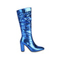 Blue Python Print Almond Toe Chunky Heel Knee-High Slouch Boots