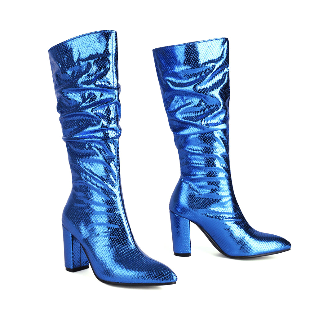 Blue Python Print Almond Toe Chunky Heel Knee-High Slouch Boots