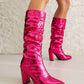 Pink Python Print Almond Toe Chunky Heel Knee High Slouch Boots