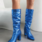 Blue Python Print Almond Toe Chunky Heel Knee-High Slouch Boots