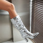 Silver python print almond toe chunky heel knee high slouch boots