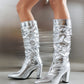 Pink Python Print Almond Toe Chunky Heel Knee High Slouch Boots