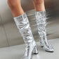 Silver python print almond toe chunky heel knee high slouch boots