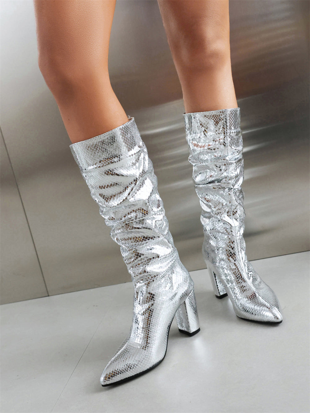 Silver python print almond toe chunky heel knee high slouch boots