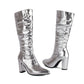 Pink Python Print Almond Toe Chunky Heel Knee High Slouch Boots