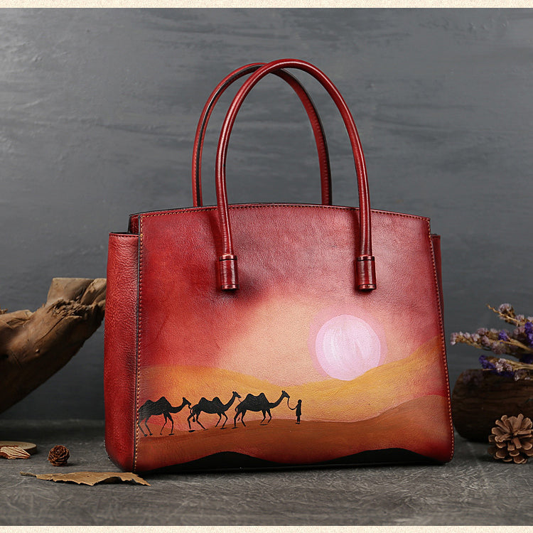 <tc>Red Hand Painted Desert Camel Leather Tote Bag</tc>