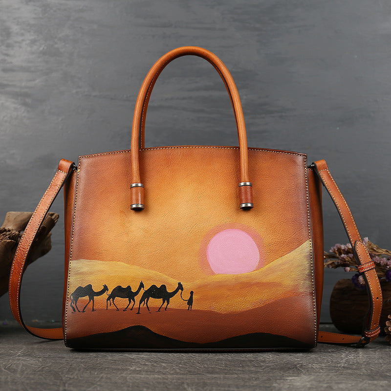 <tc>Brown Hand Painted Desert Camel Leather Tote Bag</tc>