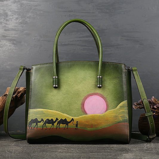 <tc>Green Hand Painted Desert Camel Leather Tote Bag</tc>