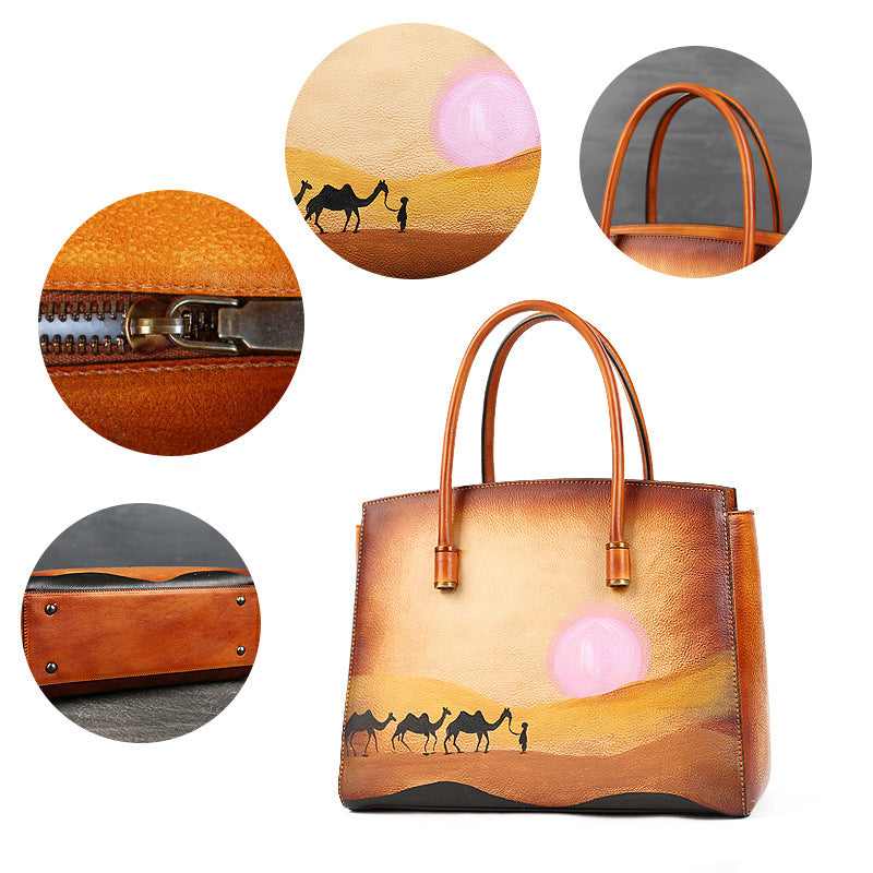 <tc>Brown Hand Painted Desert Camel Leather Tote Bag</tc>