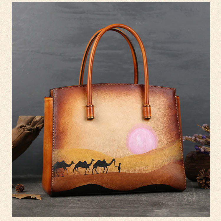 <tc>Brown Hand Painted Desert Camel Leather Tote Bag</tc>