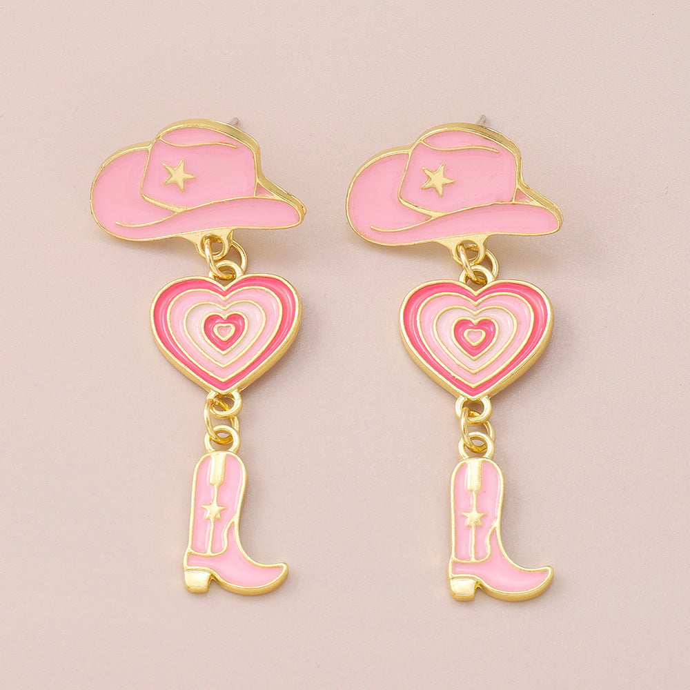 Hat Heart Oil Multi Layer Love Cowboy Boots Fashion Earrings