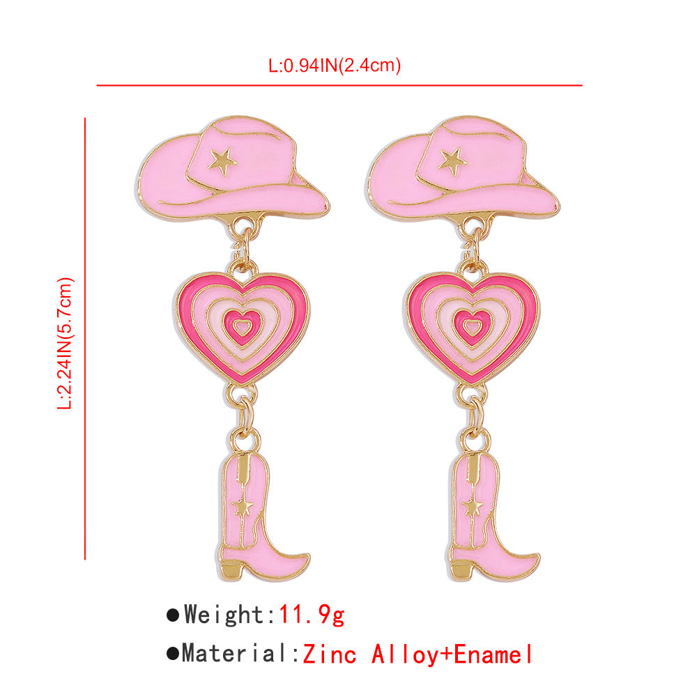 Hat Heart Oil Multi Layer Love Cowboy Boots Fashion Earrings