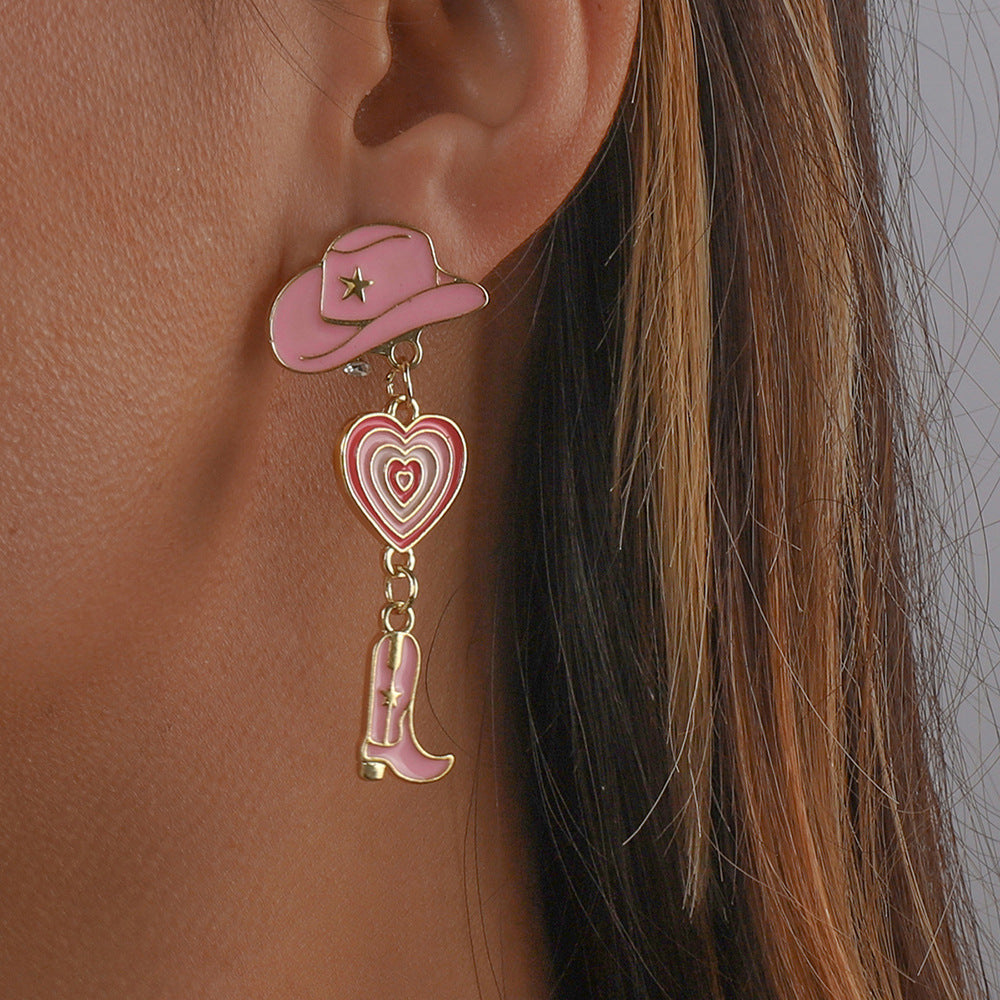 Hat Heart Oil Multi Layer Love Cowboy Boots Fashion Earrings