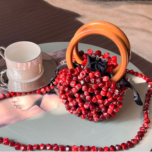 Vintage Red Pomegranate Hollowout Handwoven Beaded Clutch Crossbody Handbag