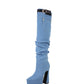 Light Blue Denim Mini Pocket Style Platform Chunky Heel Knee High Boots