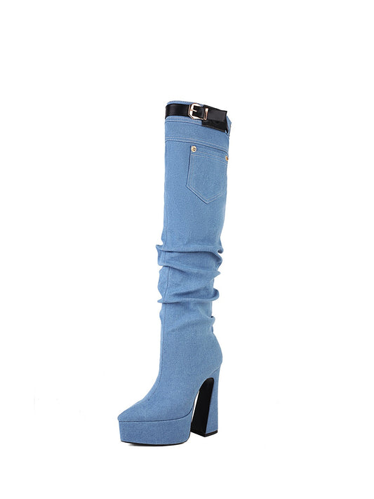 Light Blue Denim Mini Pocket Style Platform Chunky Heel Knee High Boots