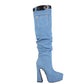 Light Blue Denim Mini Pocket Style Platform Chunky Heel Knee High Boots