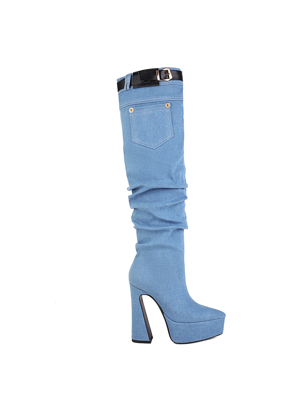 Light Blue Denim Mini Pocket Style Platform Chunky Heel Knee High Boots