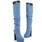 Light Blue Denim Mini Pocket Style Platform Chunky Heel Knee High Boots