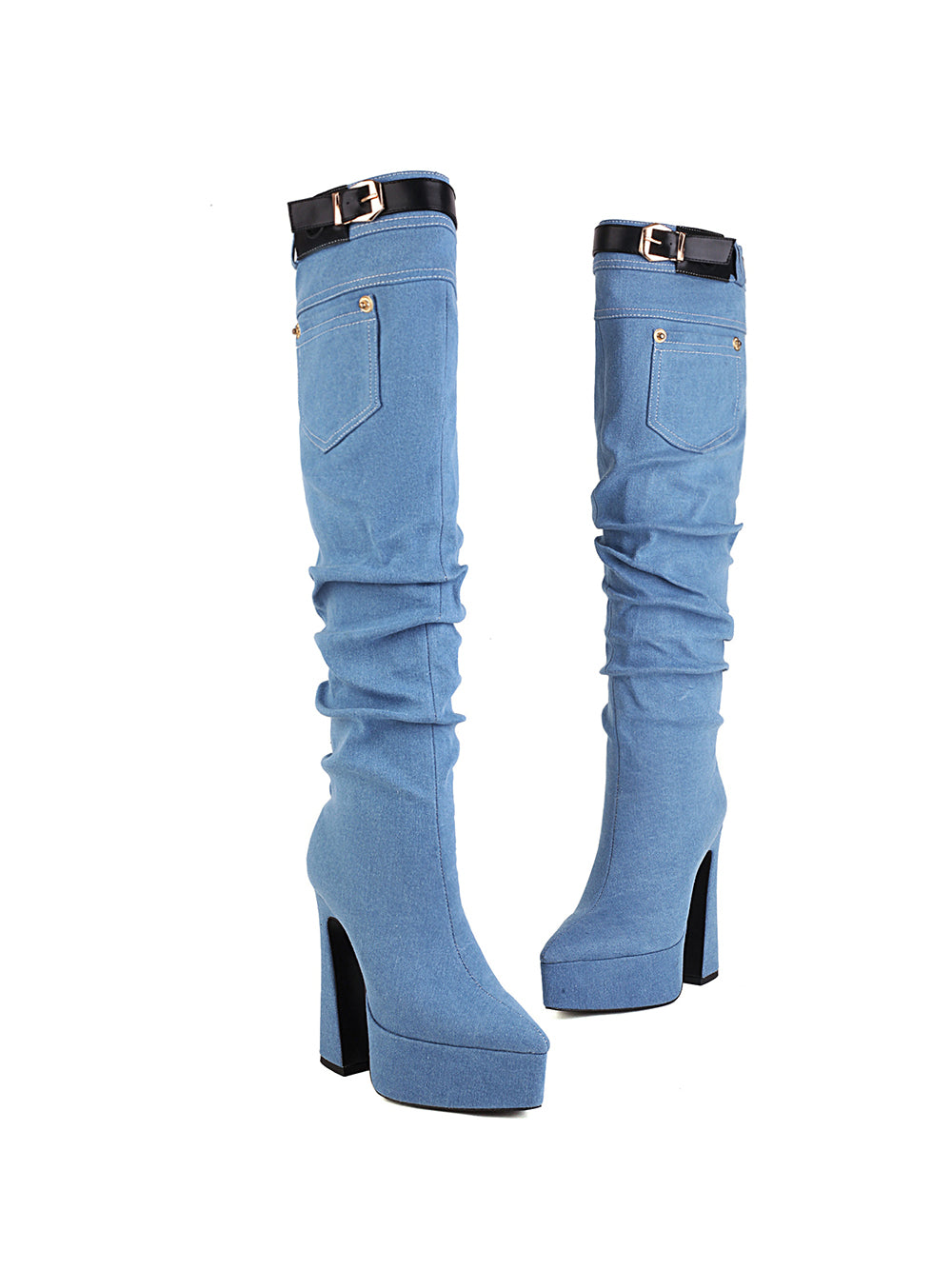 Light Blue Denim Mini Pocket Style Platform Chunky Heel Knee High Boots