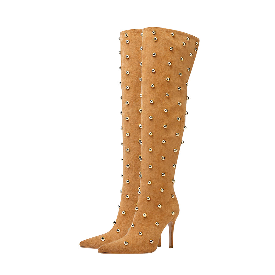 Khaki Suede Style Studded Design Fashion Stiletto Heel Thigh High Boots Long Boots