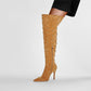 Khaki Suede Style Studded Design Fashion Stiletto Heel Thigh High Boots Long Boots