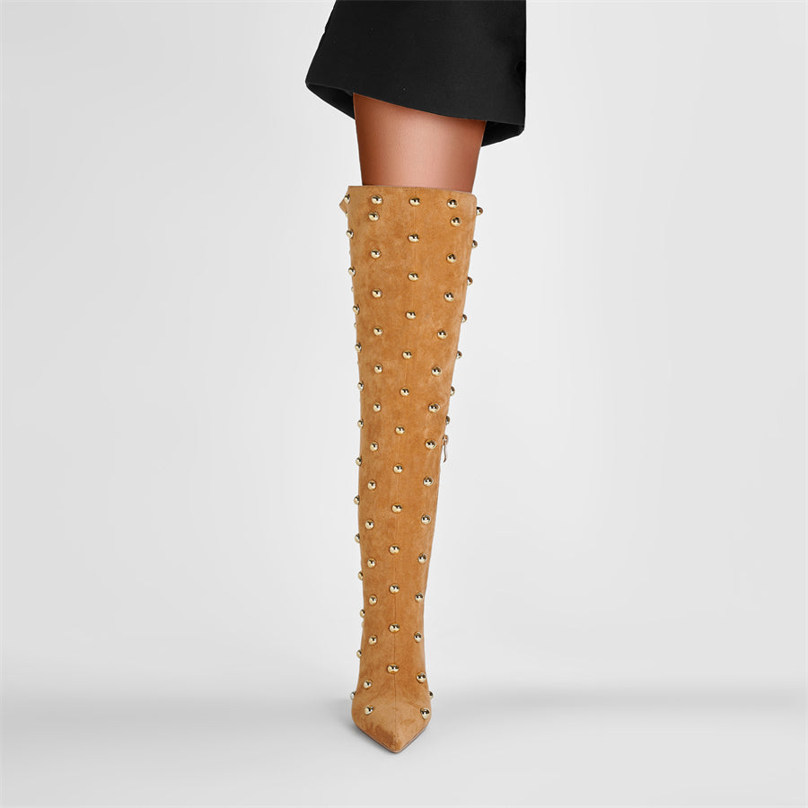 Khaki Suede Style Studded Design Fashion Stiletto Heel Thigh High Boots Long Boots