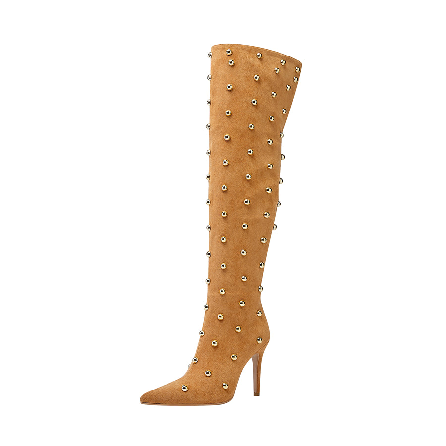 Khaki Suede Style Studded Design Fashion Stiletto Heel Thigh High Boots Long Boots